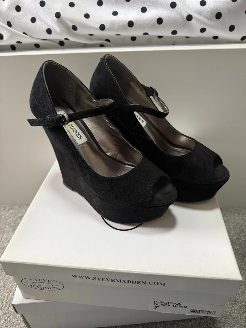 Steve Madden Black Suede Mary Jane Wedge Heels - Sofiaa